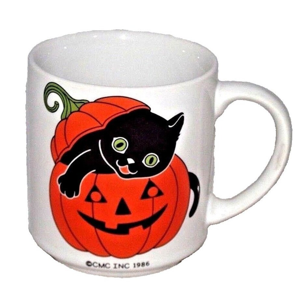 Halloween Mug Black Cat Orange Pumpkin Jack O Lantern CMC 1986 Coffee Decor Cup